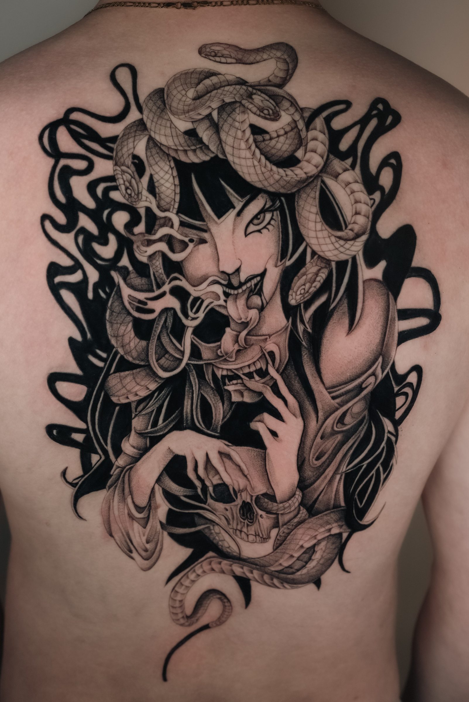 anime and blackwork tattoo by Kel Otero