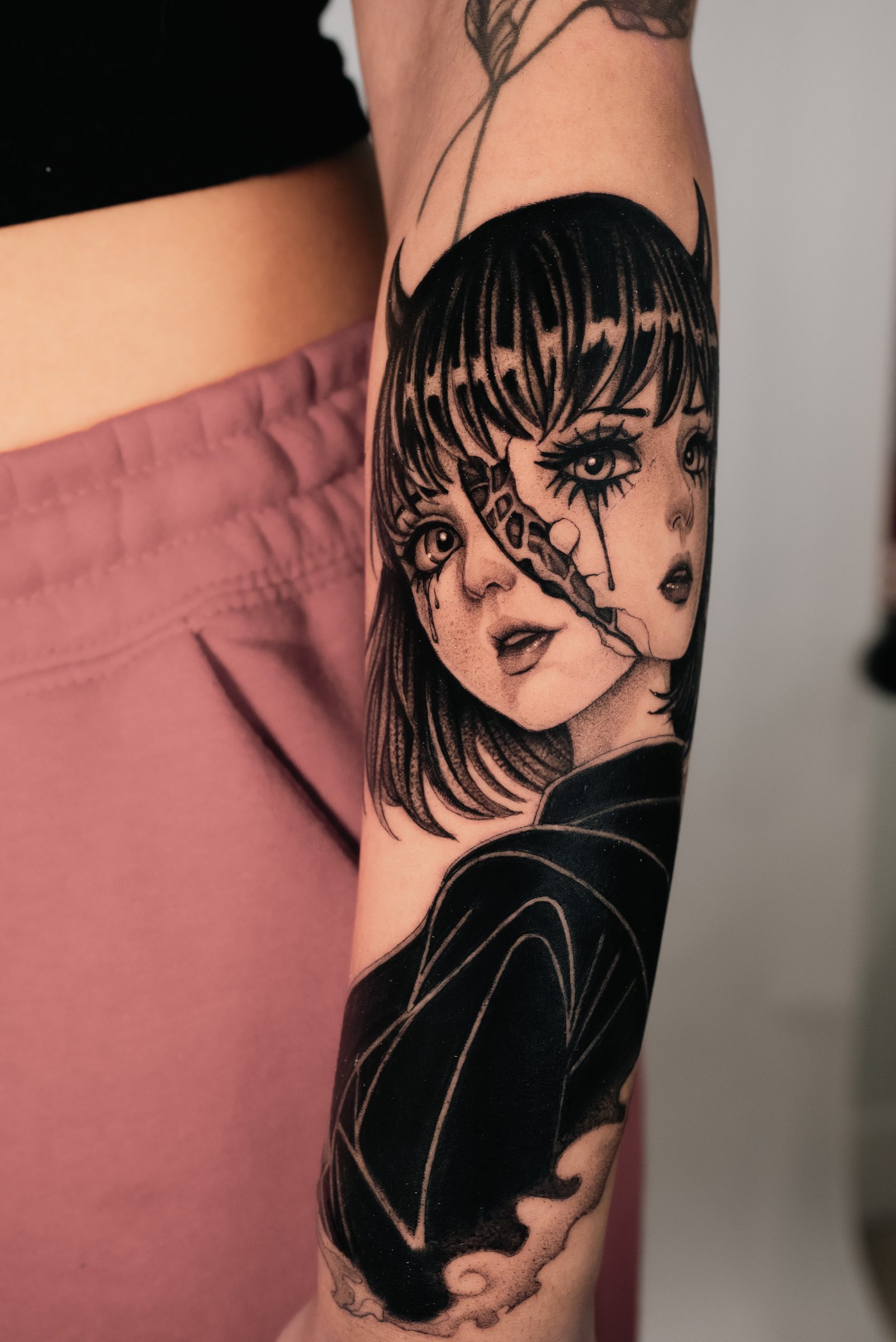 anime and blackwork tattoo by Kel Otero