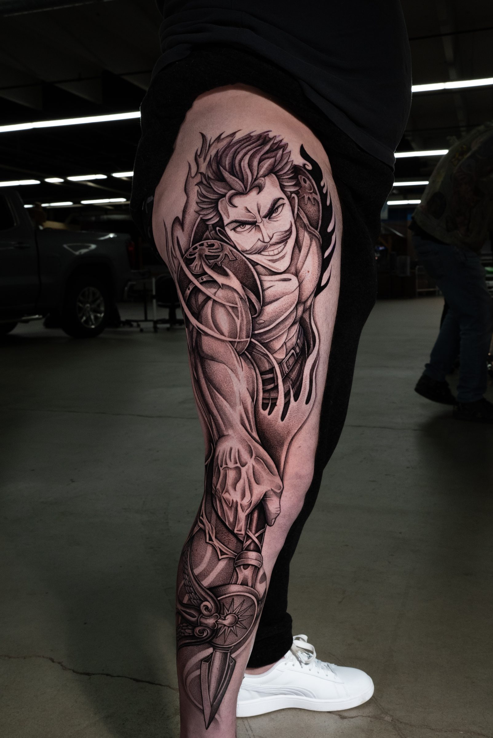 Anime character leg tattoo by Kel Otero