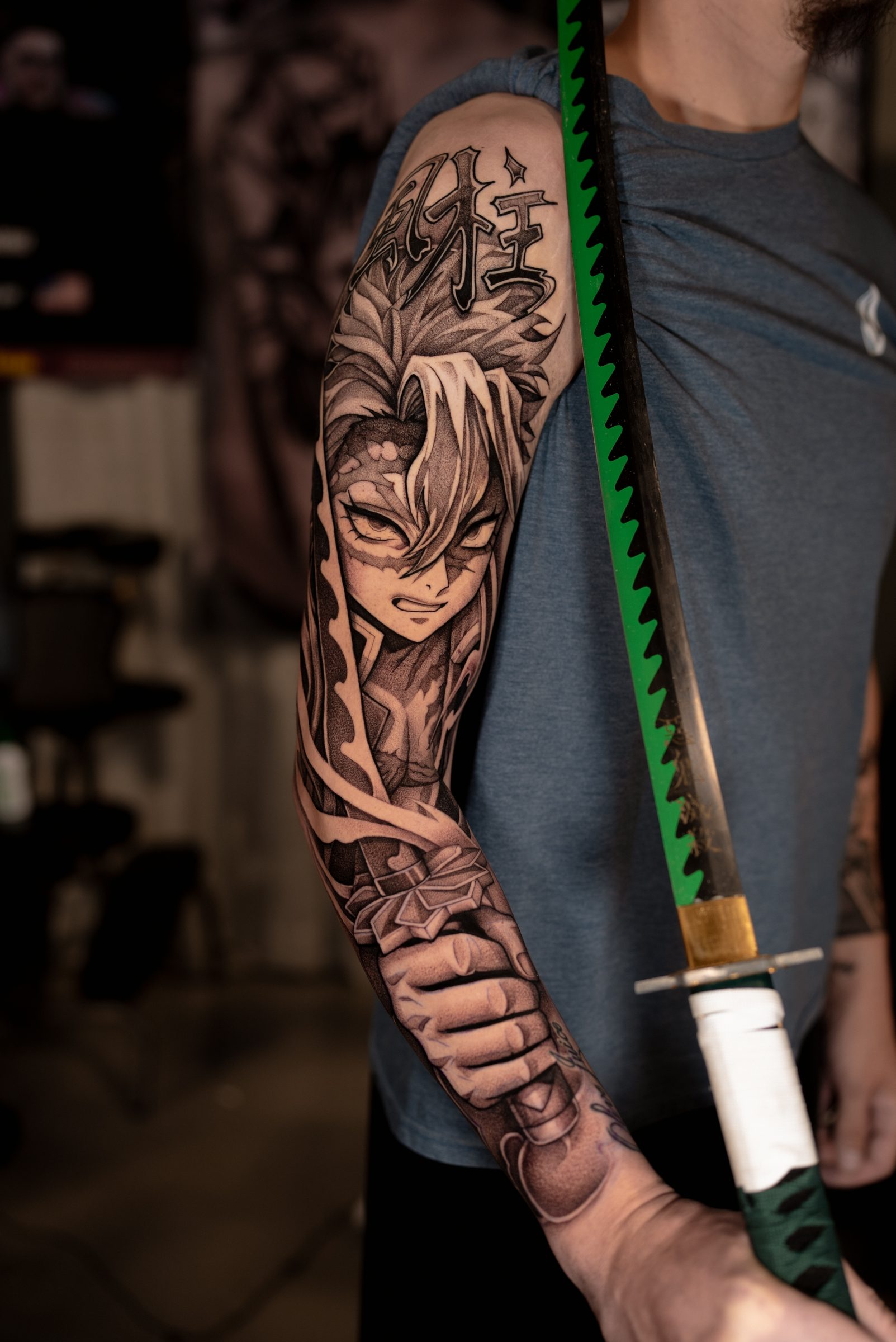 Anime character sleeve tattoo by Kel Otero