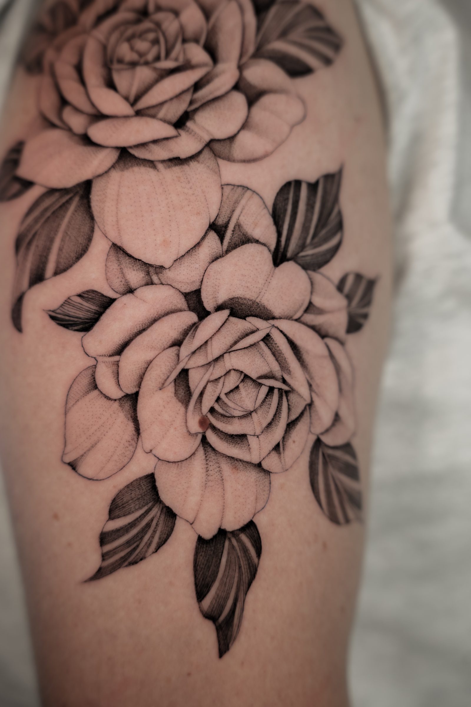 Black and grey roses tattoo on upper arm by Kel Otero