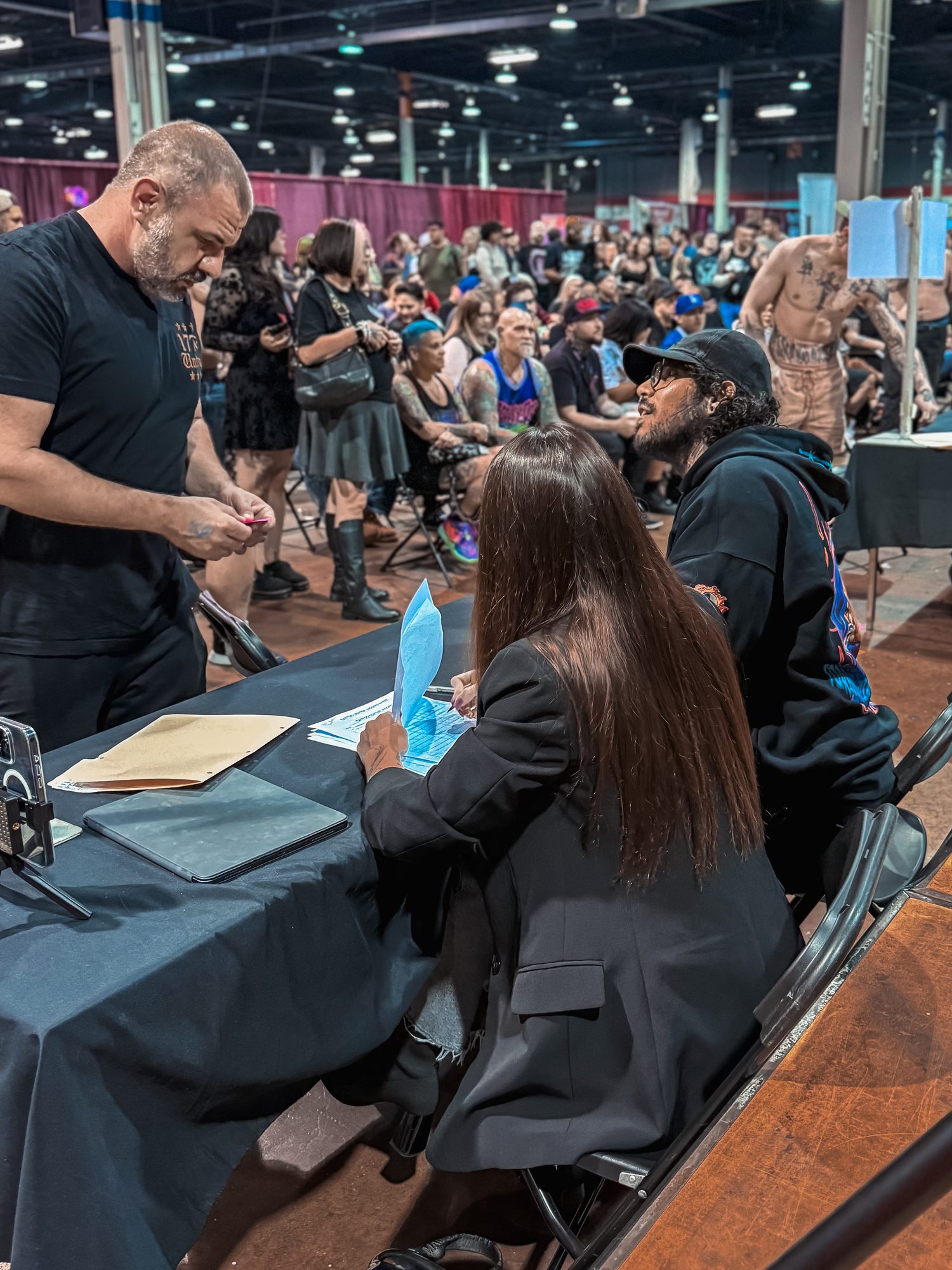 Kel Otero judging a tattoo competition in Chicago